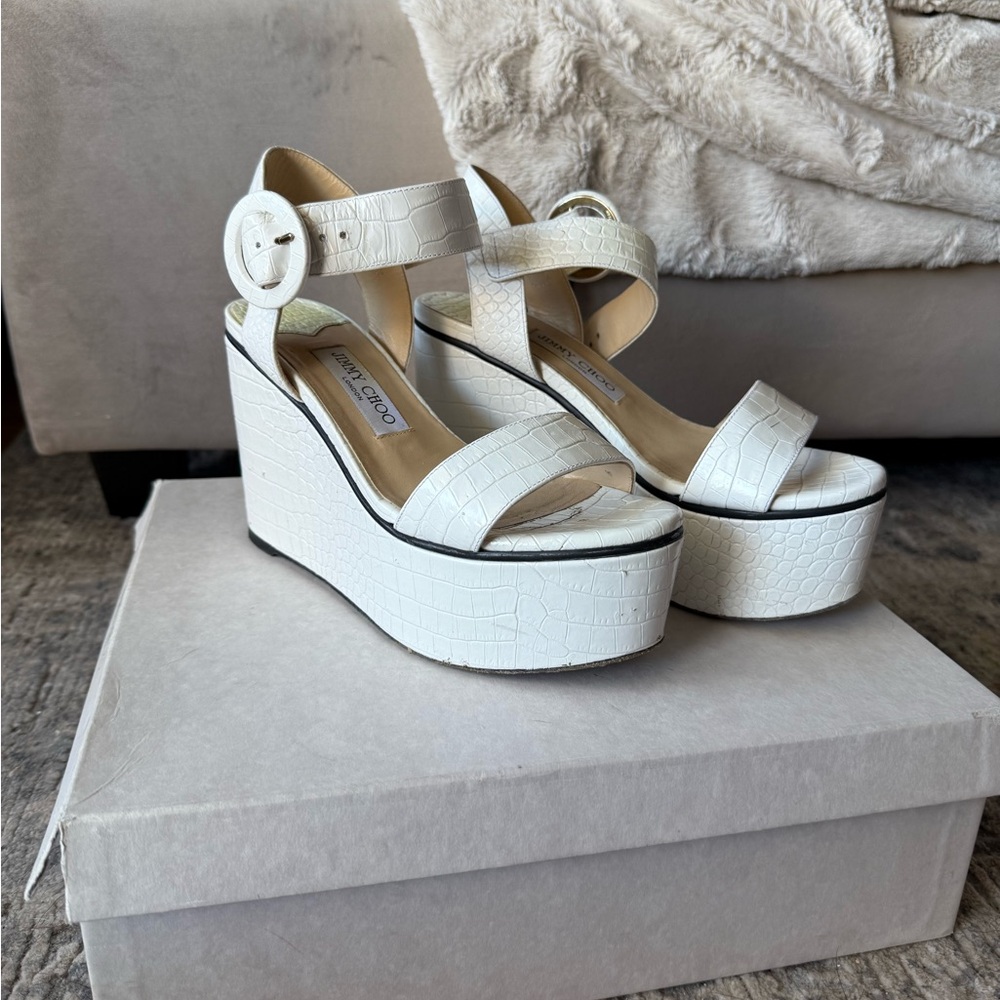 Jimmy Choo White Leather Platform Wedge